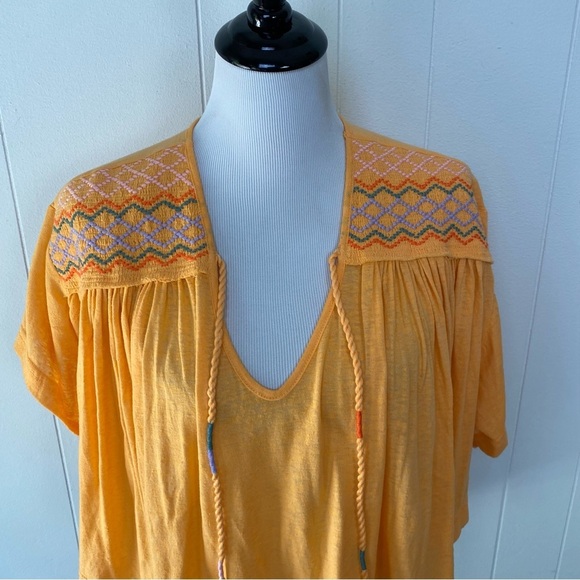 Free People Womens Market Embroidery Trim Tassel Tie V-Neck Tee Carrot Orange XS - Picture 4 of 15